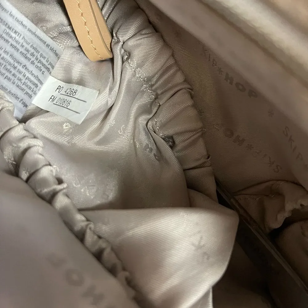 Skip Hop High line convertible Diaper Bag Beige & gray canvas tan leather straps